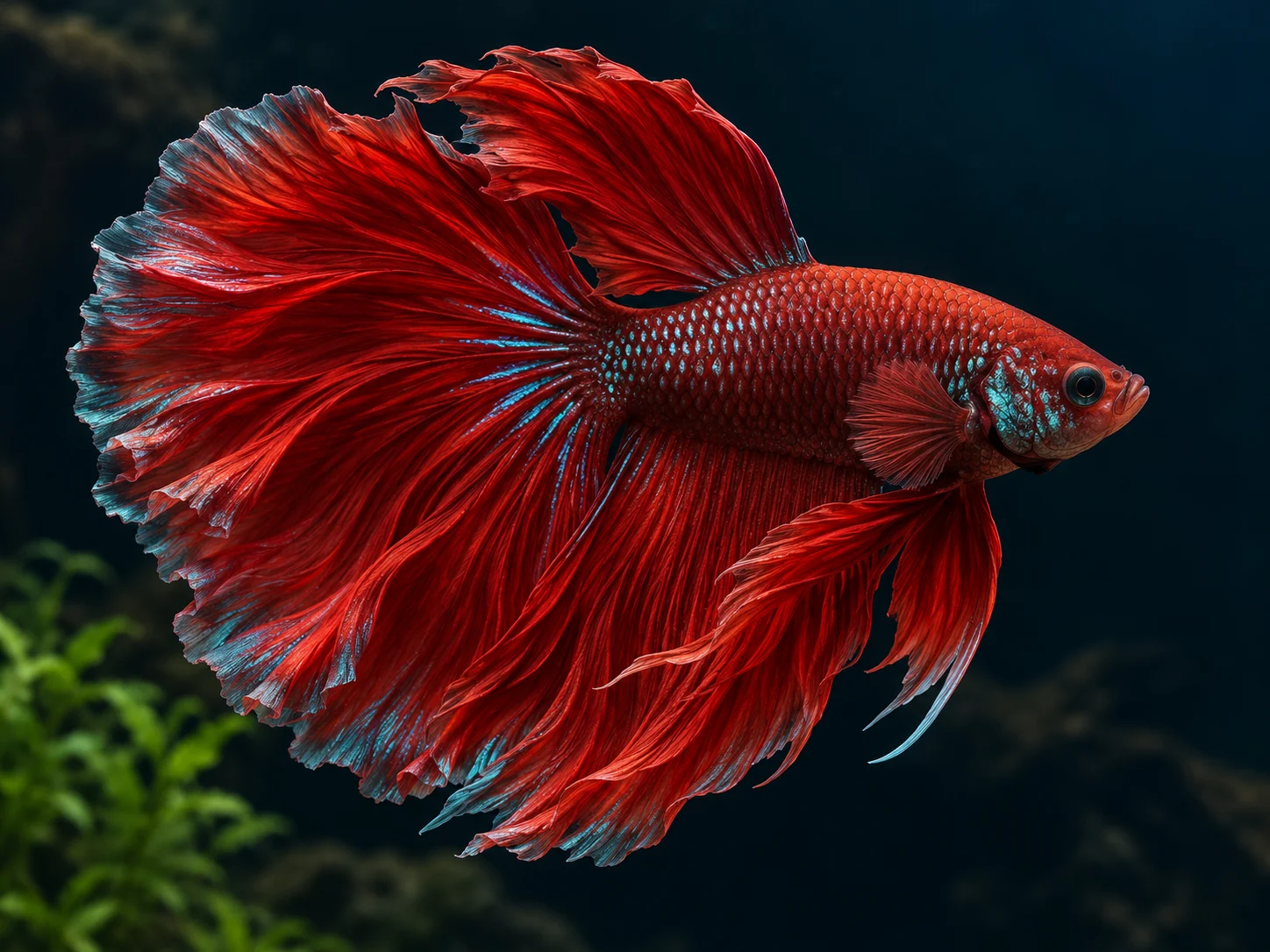 Illustrative crimson betta with flowing fins and turquoise highlights