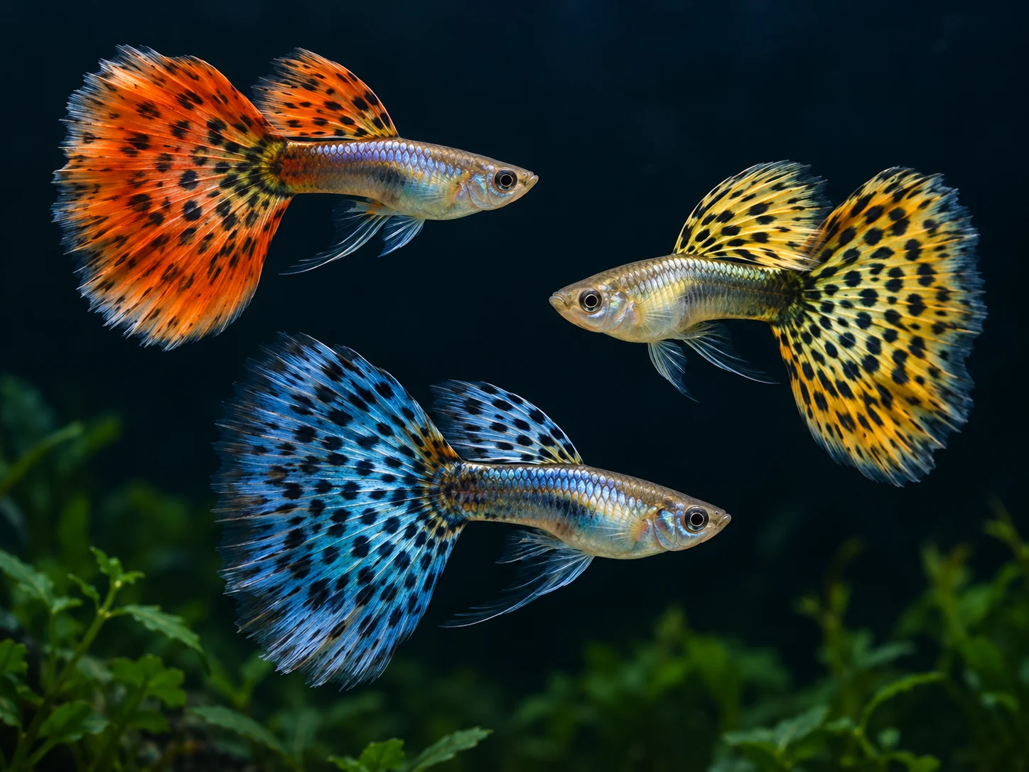 Illustrative fancy guppies with orange, yellow and blue patterned tails