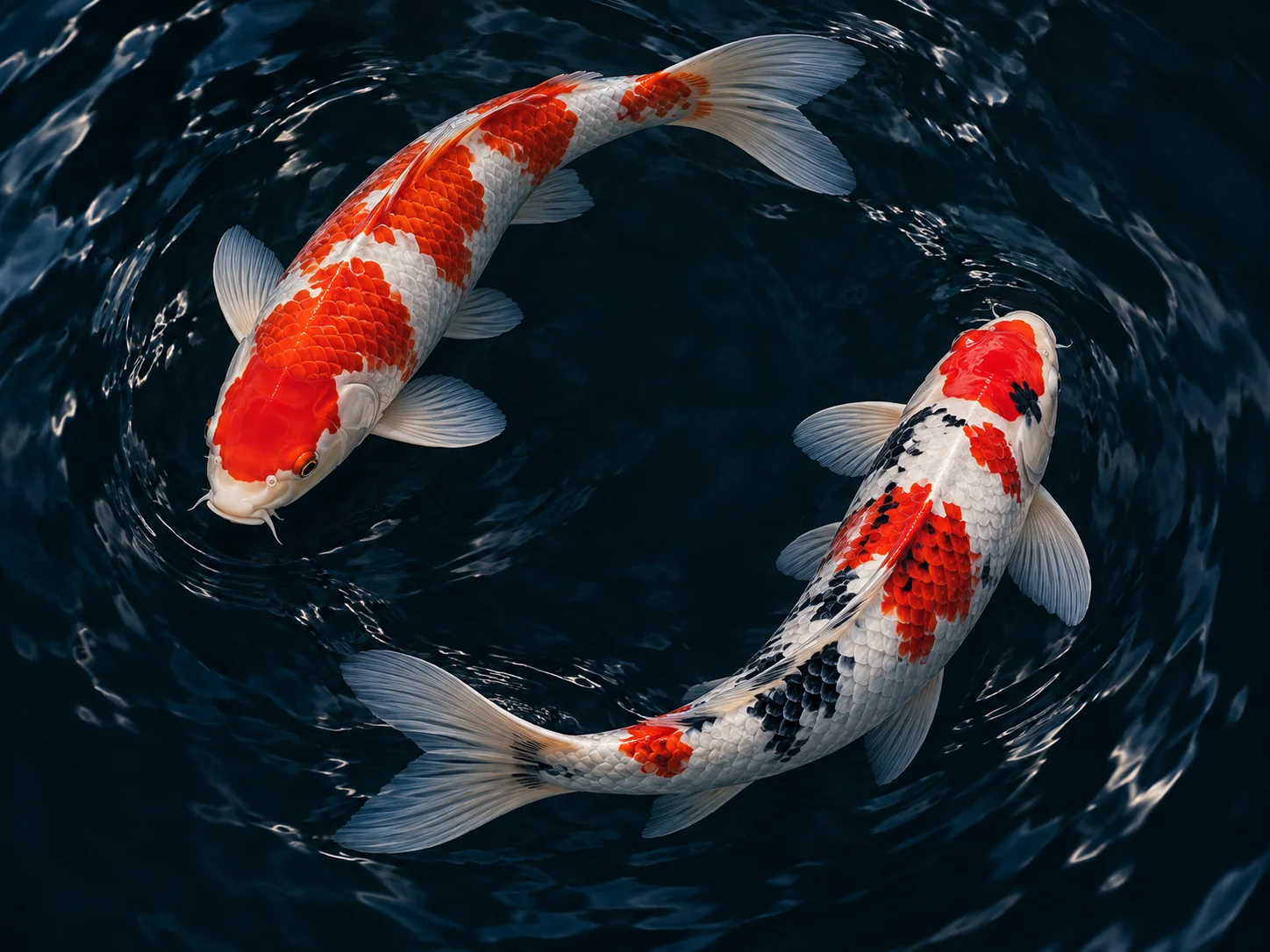 Illustrative red, white and black koi seen from above in dark water