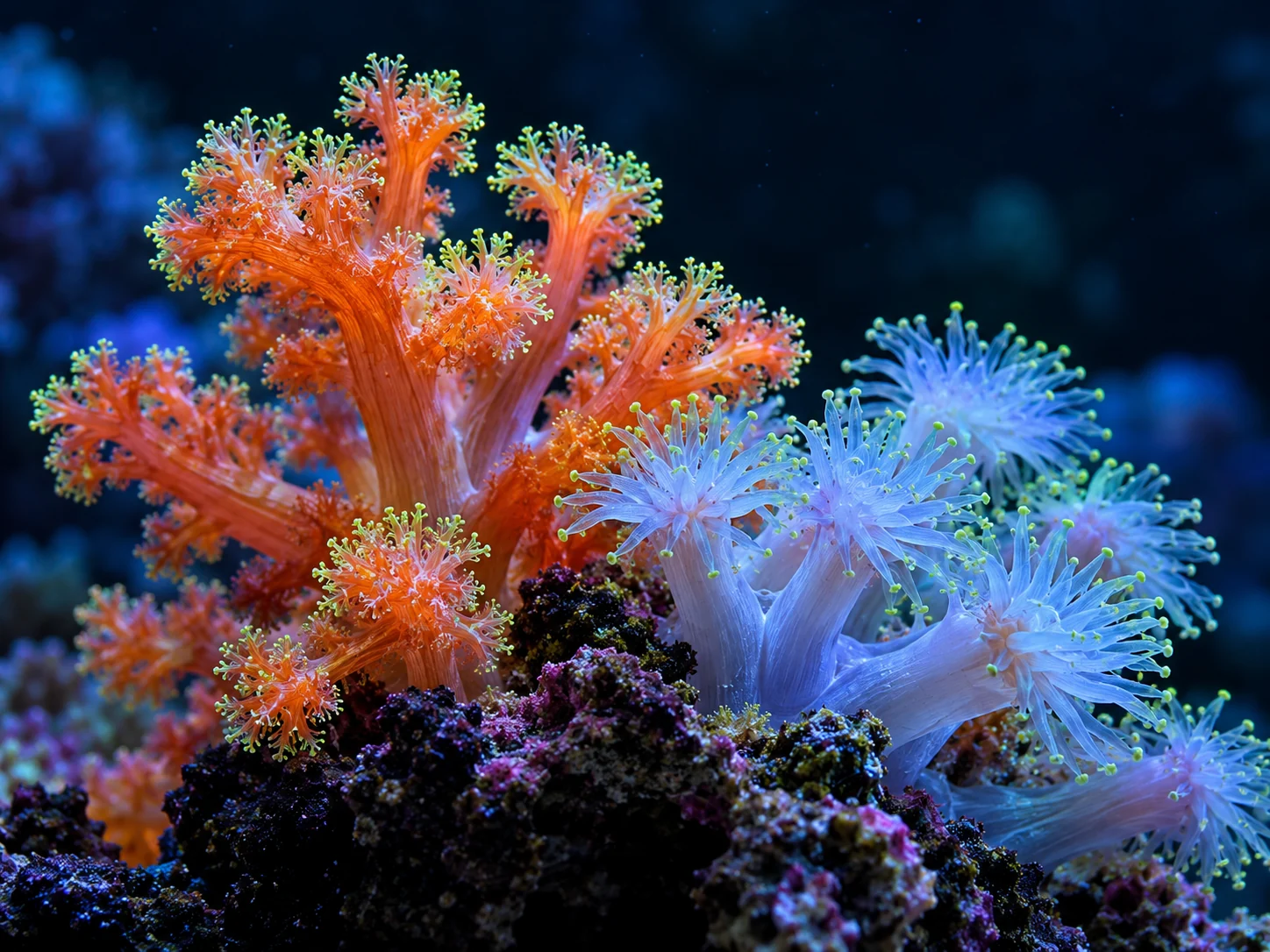 Illustrative orange and blue soft coral polyps in a saltwater aquarium