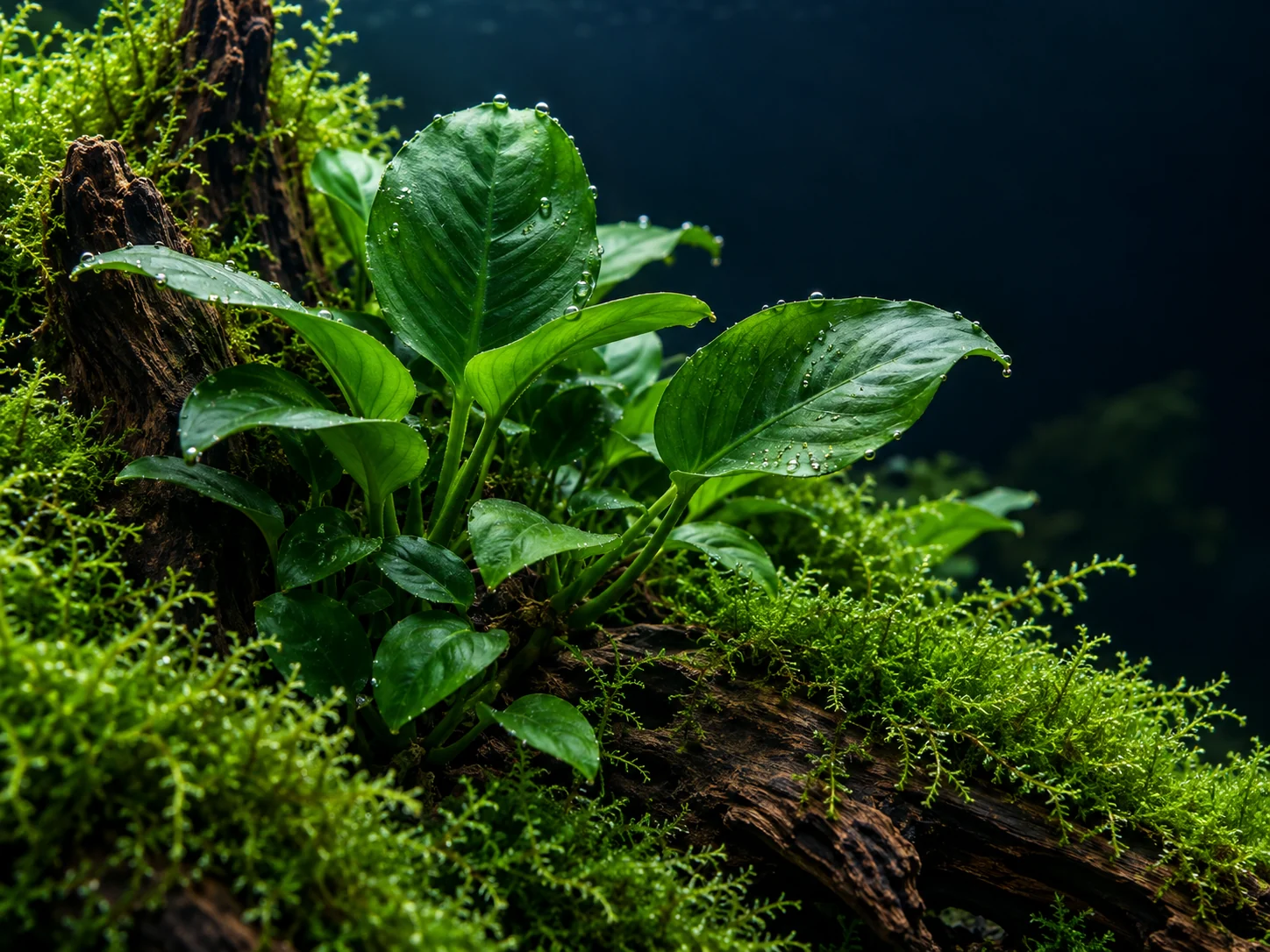 Illustrative lush green aquatic leaves and moss around driftwood
