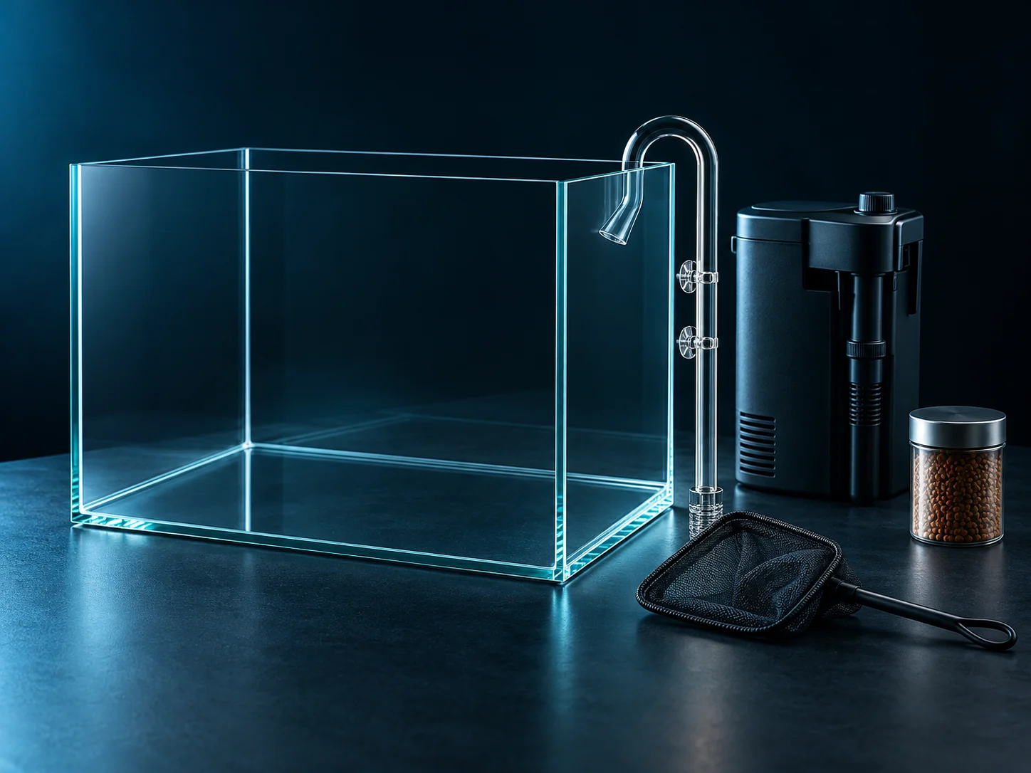 Illustrative unbranded glass aquarium, filter, net and fish food