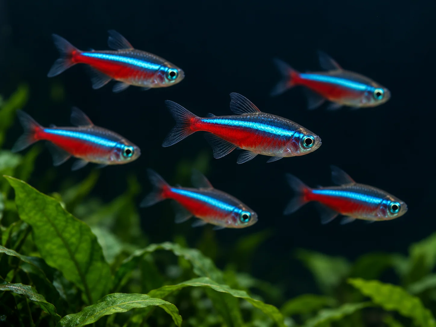 Illustrative school of red and blue cardinal tetras among green plants